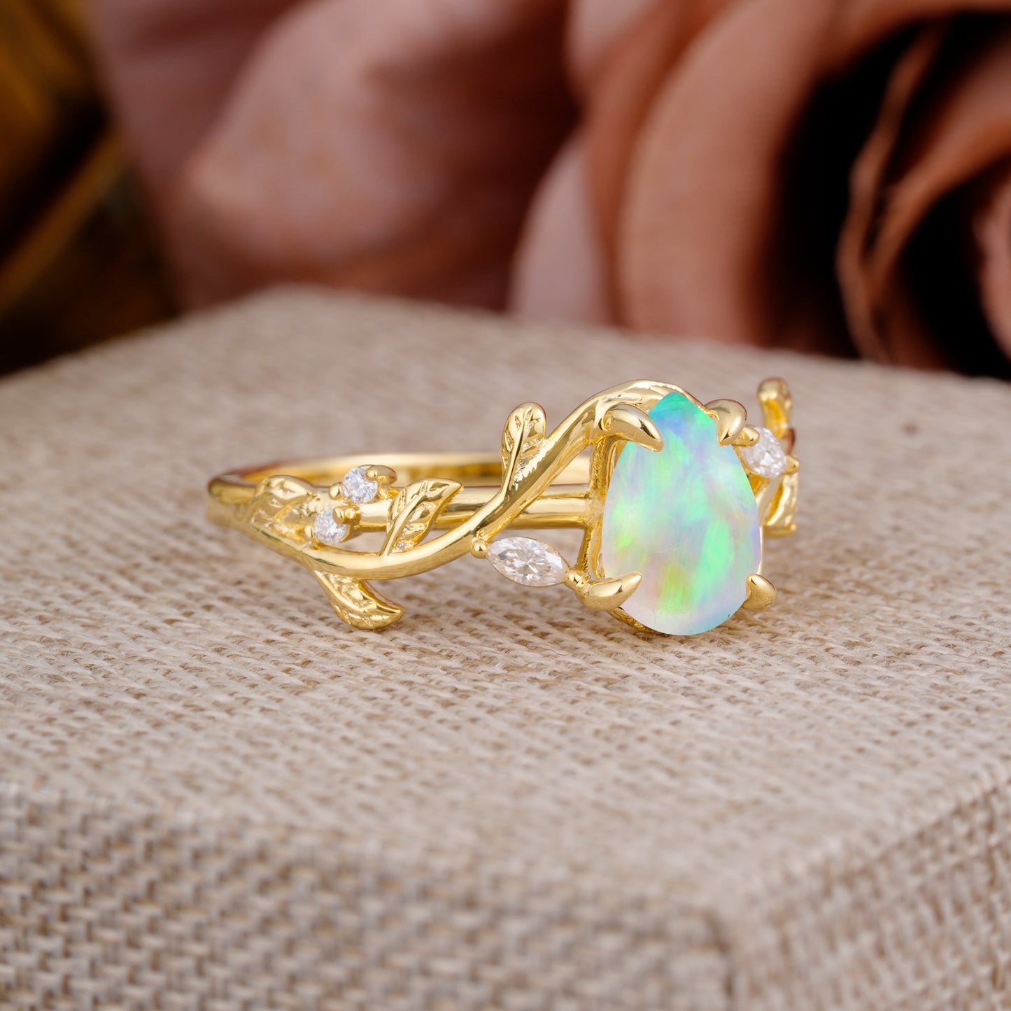 4 Prong Nature Inspired Pear Cut Opal Leaf Gold Engagement Ring