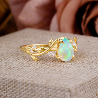4 Prong Nature Inspired Pear Cut Opal Leaf Gold Engagement Ring
