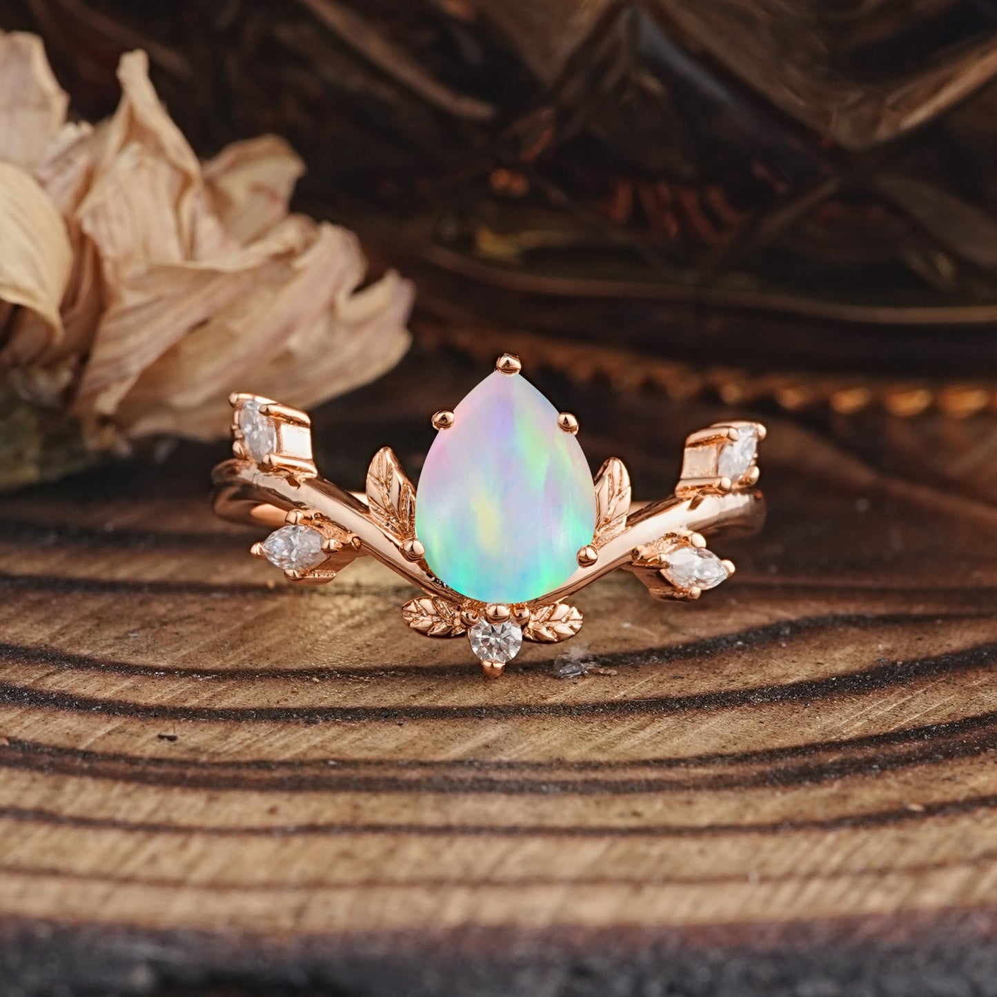 Nature-Inspired 6-Prong Teardrop Opal Engagement Ring