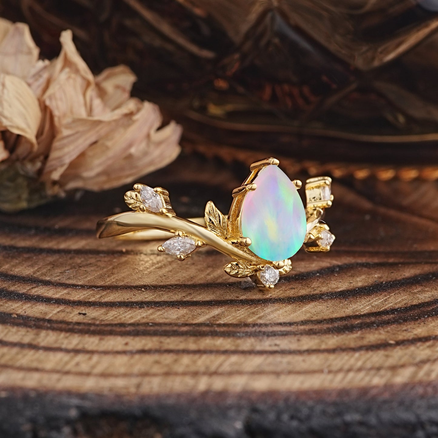 Nature-Inspired 6-Prong Teardrop Opal Engagement Ring