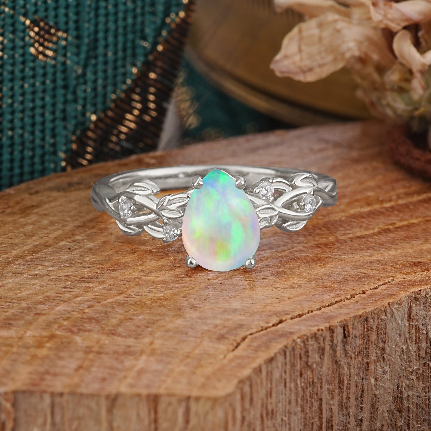 Pear Shape Leaf Opal Engagement Ring – Nature Inspired Vine Engagement Ring for Women