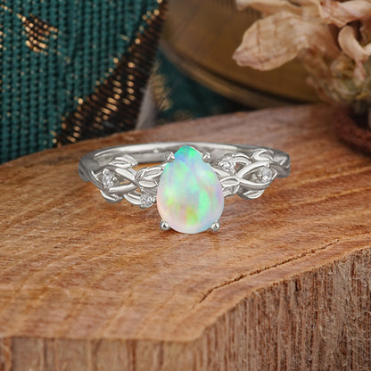 Pear Shape Leaf Opal Engagement Ring – Nature Inspired Vine Engagement Ring for Women