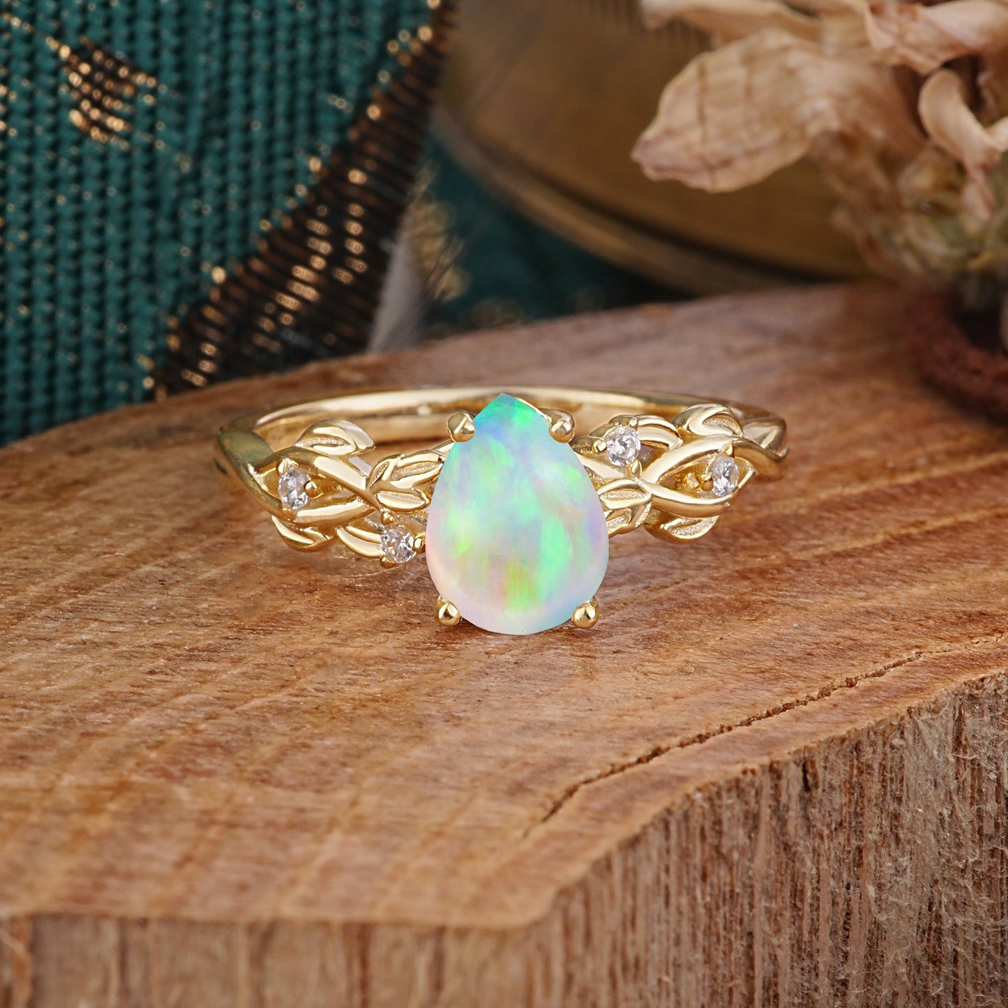 Pear Shape Leaf Opal Engagement Ring – Nature Inspired Vine Engagement Ring for Women