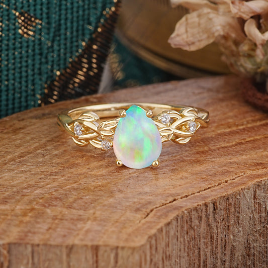 Pear Shape Leaf Opal Engagement Ring – Nature Inspired Vine Engagement Ring for Women