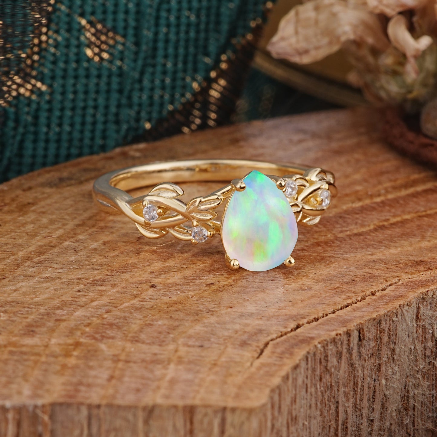 Pear Shape Leaf Opal Engagement Ring – Nature Inspired Vine Engagement Ring for Women