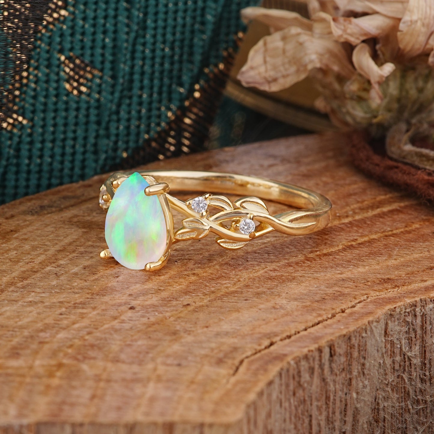 Pear Shape Leaf Opal Engagement Ring – Nature Inspired Vine Engagement Ring for Women