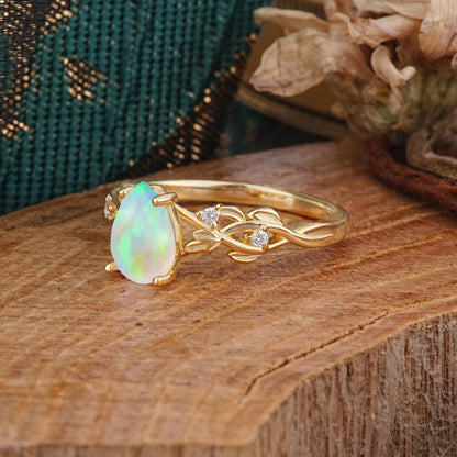 Pear Shape Leaf Opal Engagement Ring – Nature Inspired Vine Engagement Ring for Women