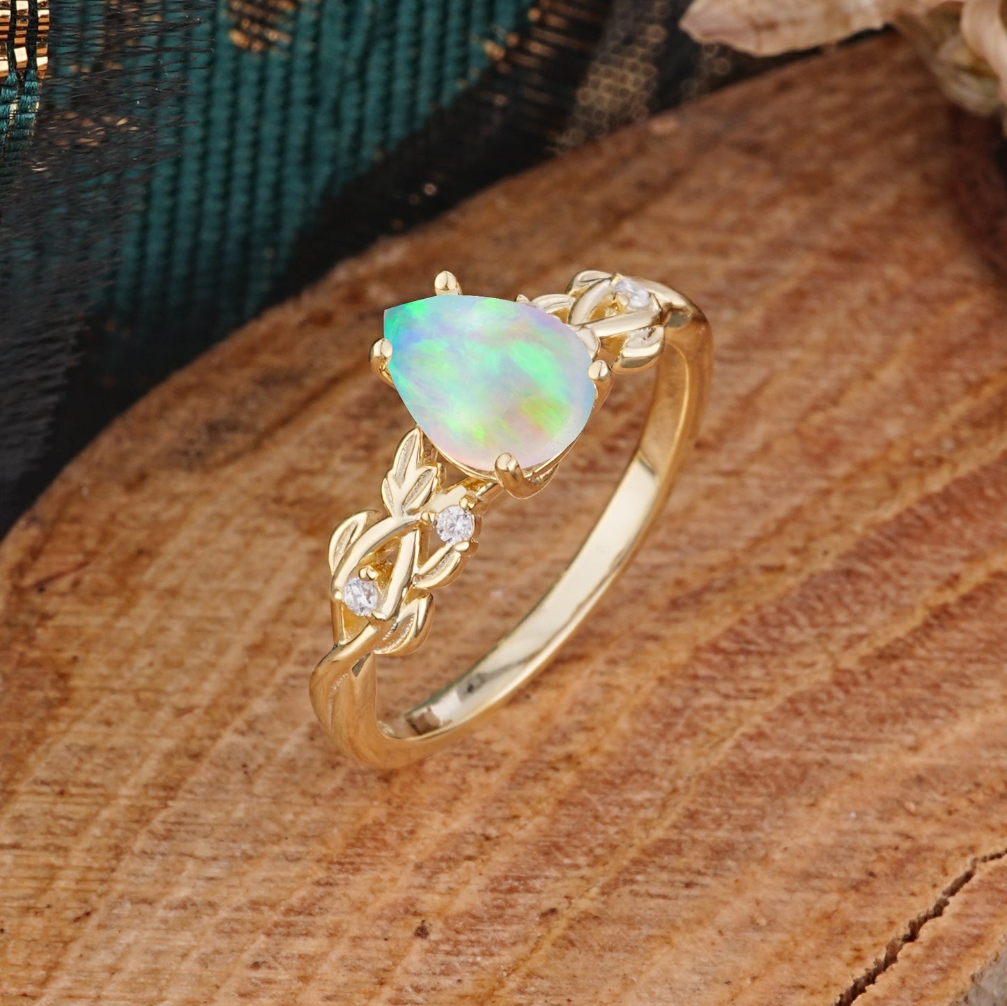 Pear Shape Leaf Opal Engagement Ring – Nature Inspired Vine Engagement Ring for Women