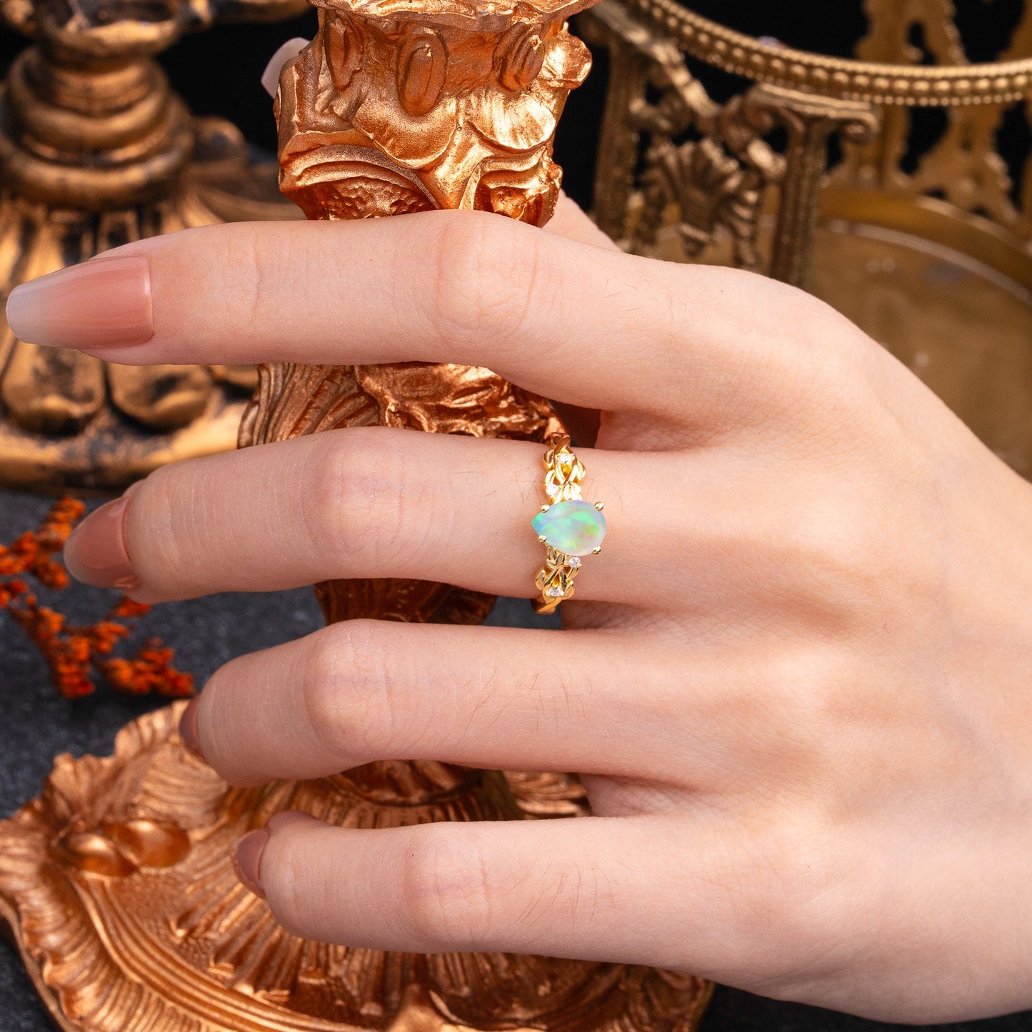 Pear Shape Leaf Opal Engagement Ring – Nature Inspired Vine Engagement Ring for Women