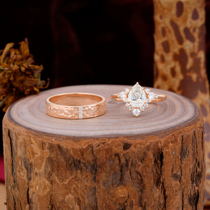 Luxurious 5-Prong Pear-Cut Moissanite Engagement Couple Rings
