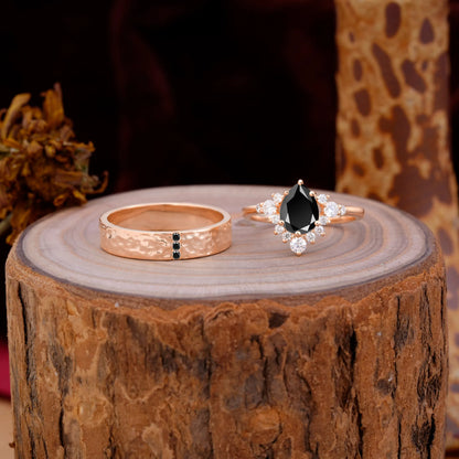 Luxurious 5-Prong Pear-Cut Black Onyx Engagement Couple Rings