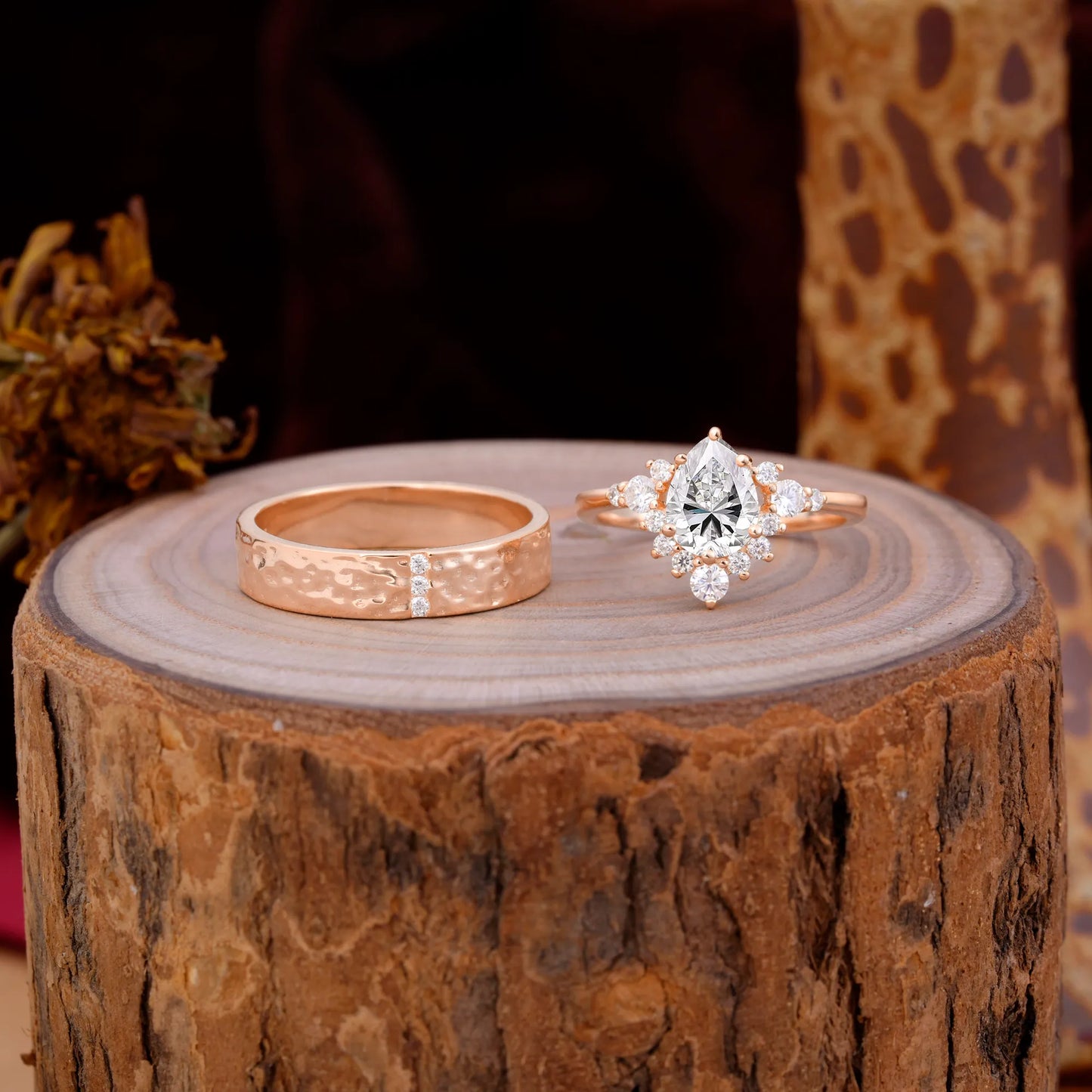 Luxurious 5-Prong Pear-Cut Lab Diamond Engagement Couple Rings