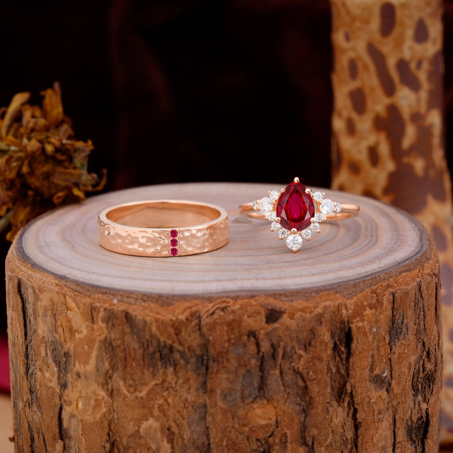 Luxurious 5-Prong Pear-Cut Ruby Engagement Couple Rings