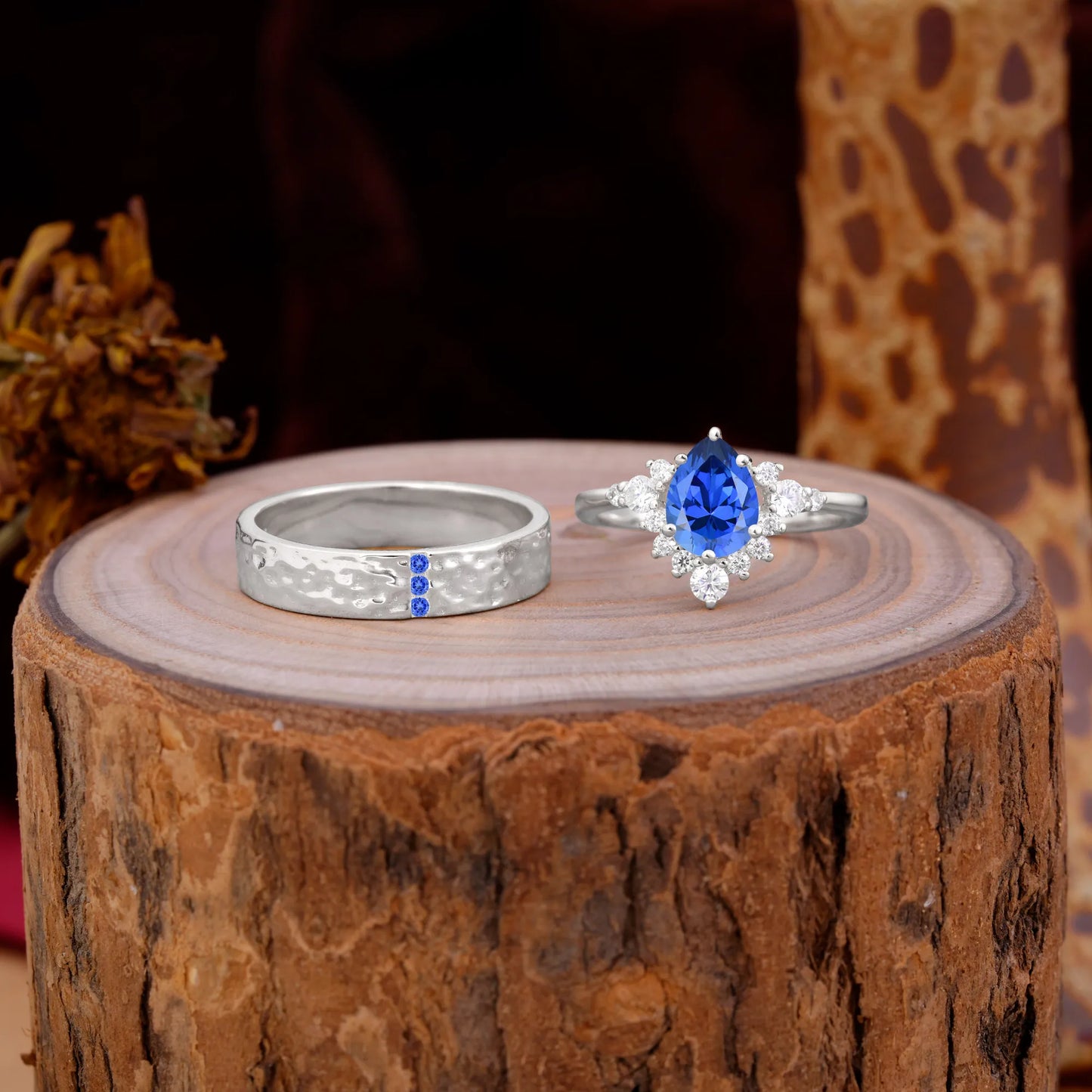 Luxurious 5-Prong Pear-Cut Sapphire Engagement Couple Rings
