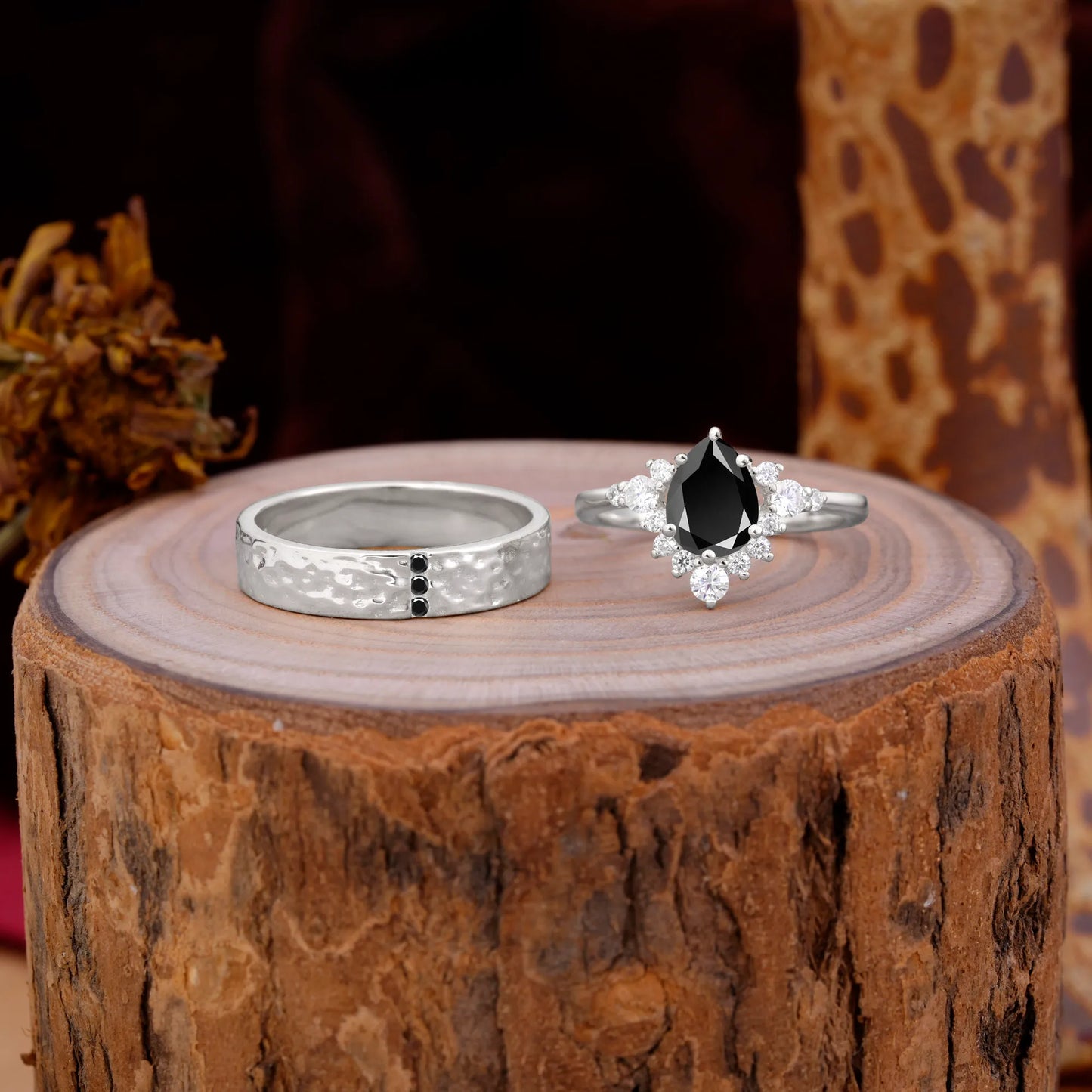 Luxurious 5-Prong Pear-Cut Black Onyx Engagement Couple Rings