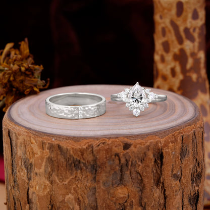 Luxurious 5-Prong Pear-Cut Lab Diamond Engagement Couple Rings