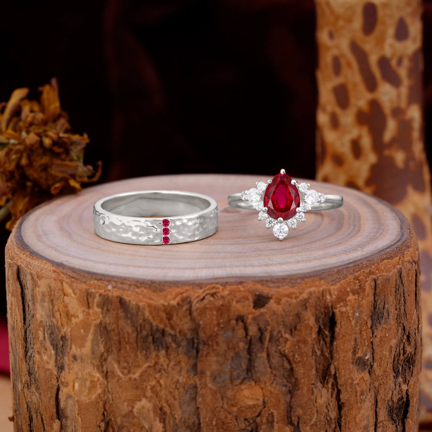 Luxurious 5-Prong Pear-Cut Ruby Engagement Couple Rings