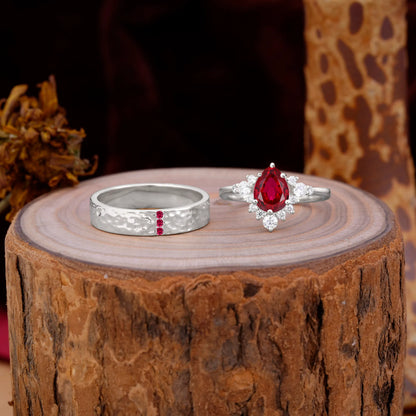 Luxurious 5-Prong Pear-Cut Ruby Engagement Couple Rings
