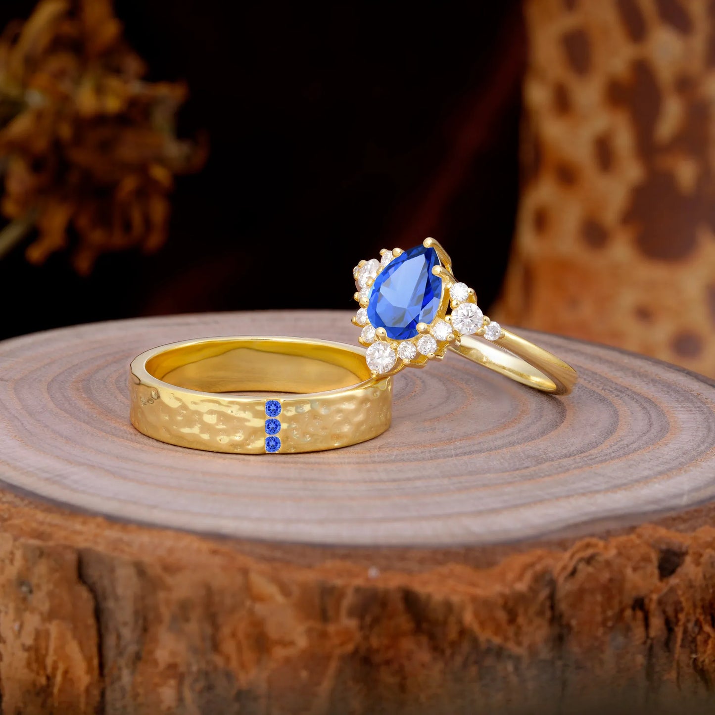 Luxurious 5-Prong Pear-Cut Sapphire Engagement Couple Rings