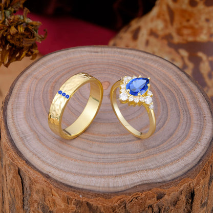 Luxurious 5-Prong Pear-Cut Sapphire Engagement Couple Rings