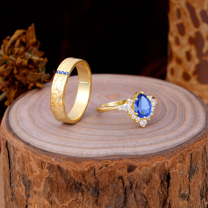 Luxurious 5-Prong Pear-Cut Sapphire Engagement Couple Rings