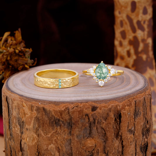 Luxurious 5-Prong Pear-Cut Moss Agate Engagement Couple Rings