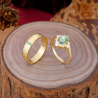 Luxurious 5-Prong Pear-Cut Moss Agate Engagement Couple Rings