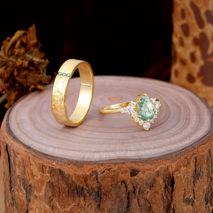 Luxurious 5-Prong Pear-Cut Moss Agate Engagement Couple Rings