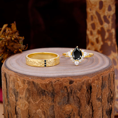 Luxurious 5-Prong Pear-Cut Black Onyx Engagement Couple Rings