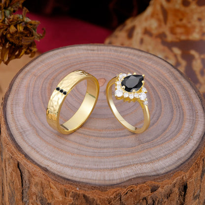 Luxurious 5-Prong Pear-Cut Black Onyx Engagement Couple Rings