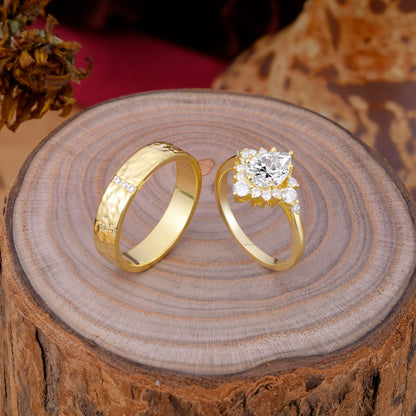 Luxurious 5-Prong Pear-Cut Lab Diamond Engagement Couple Rings