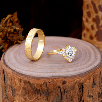 Luxurious 5-Prong Pear-Cut Lab Diamond Engagement Couple Rings