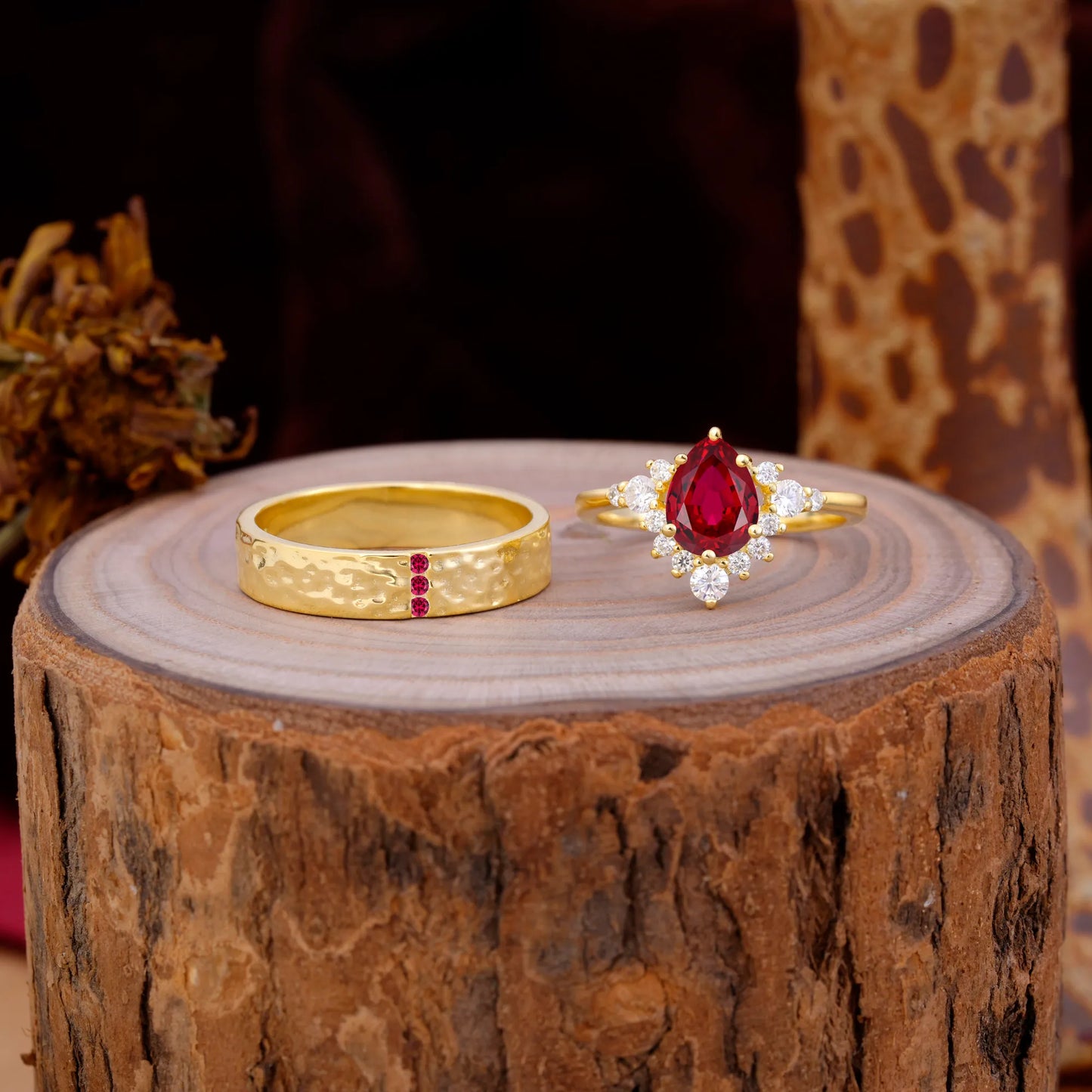 Luxurious 5-Prong Pear-Cut Ruby Engagement Couple Rings