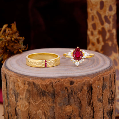 Luxurious 5-Prong Pear-Cut Ruby Engagement Couple Rings