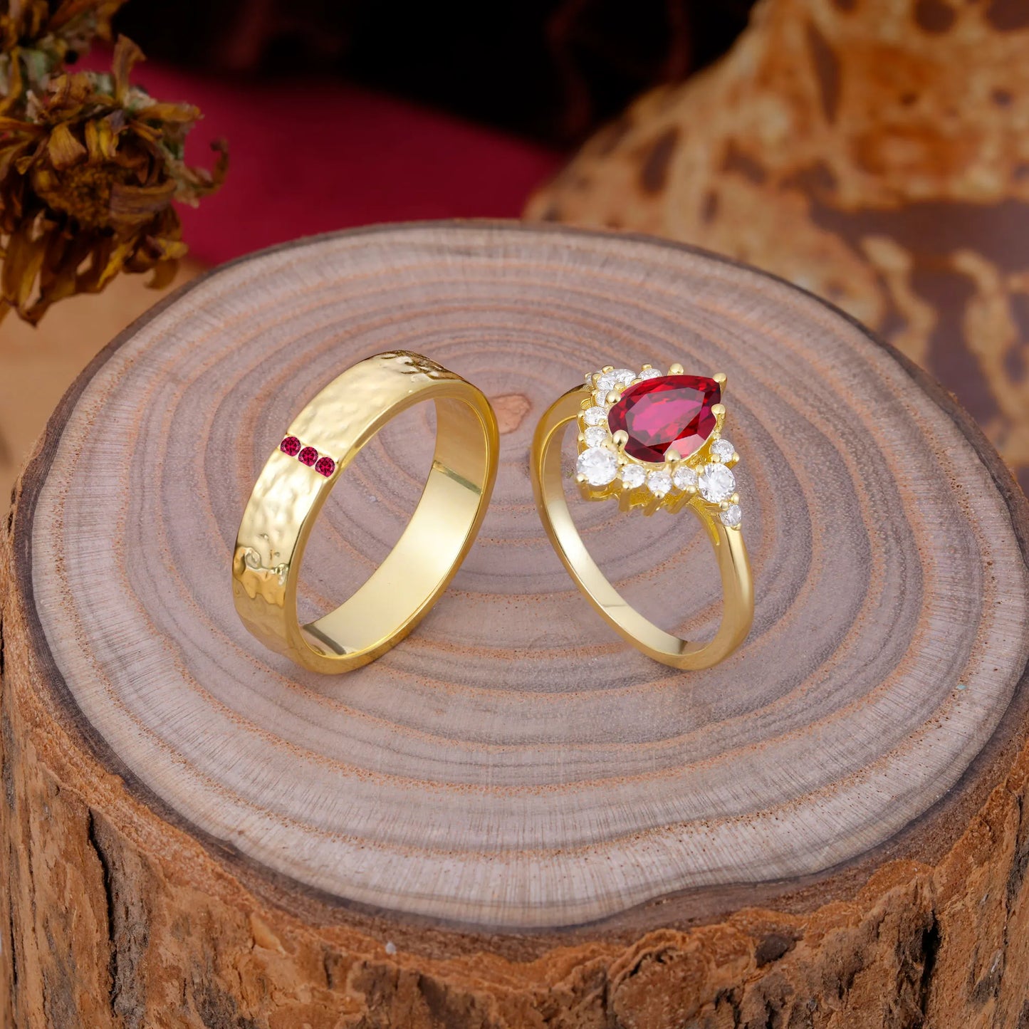 Luxurious 5-Prong Pear-Cut Ruby Engagement Couple Rings