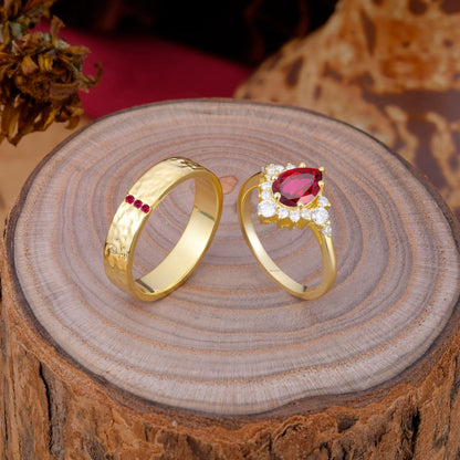 Luxurious 5-Prong Pear-Cut Ruby Engagement Couple Rings