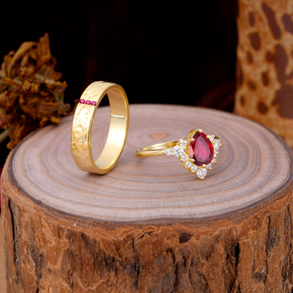 Luxurious 5-Prong Pear-Cut Ruby Engagement Couple Rings