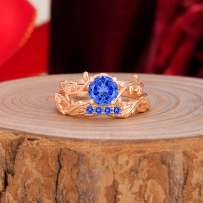 Nature-Inspired Leaf & Floral Round Cut Sapphire Couple Rings Set