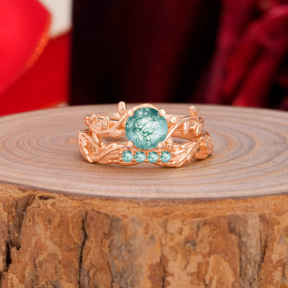Nature-Inspired Leaf & Floral Round Cut Moss Agate Couple Rings Set