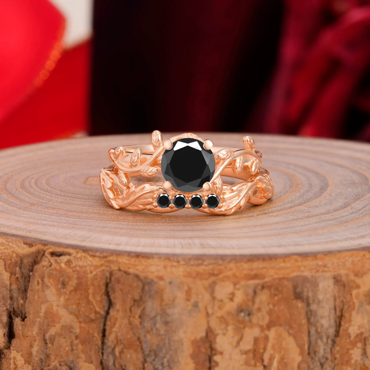Nature-Inspired Leaf & Floral Round Cut Black Onyx Couple Rings Set