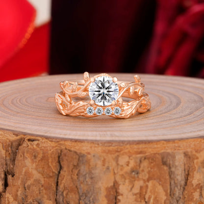 Nature-Inspired Leaf & Floral Round Cut Lab Diamond Couple Rings Set