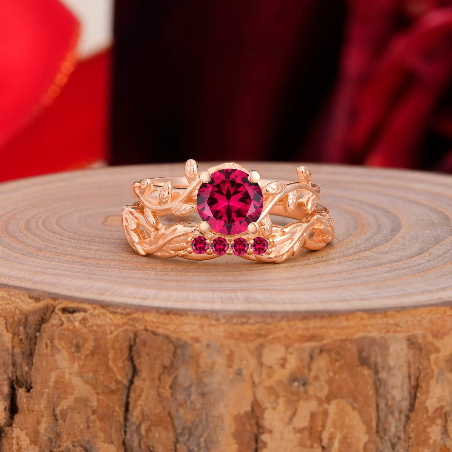 Nature-Inspired Leaf & Floral Round Cut Ruby Couple Rings Set