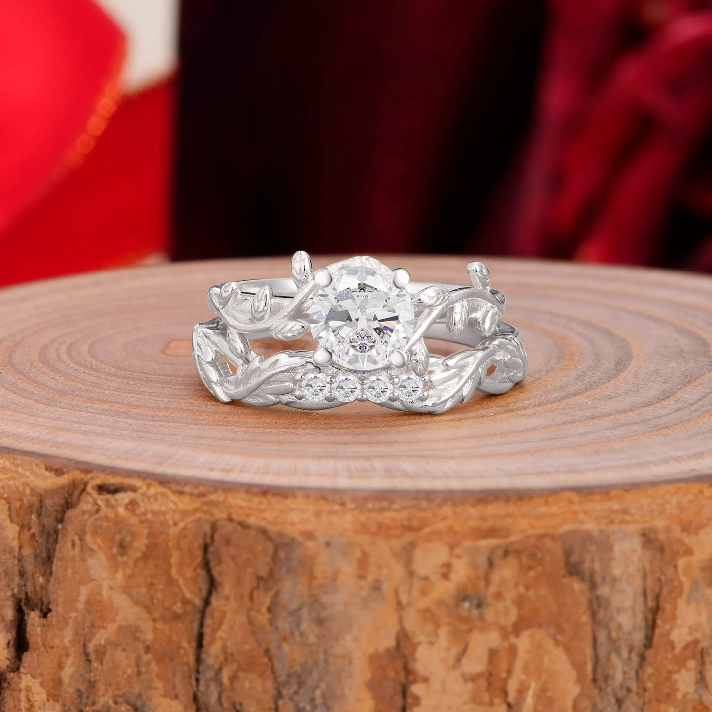 Nature-Inspired Leaf & Floral Round Cut Moissanite Couple Rings Set