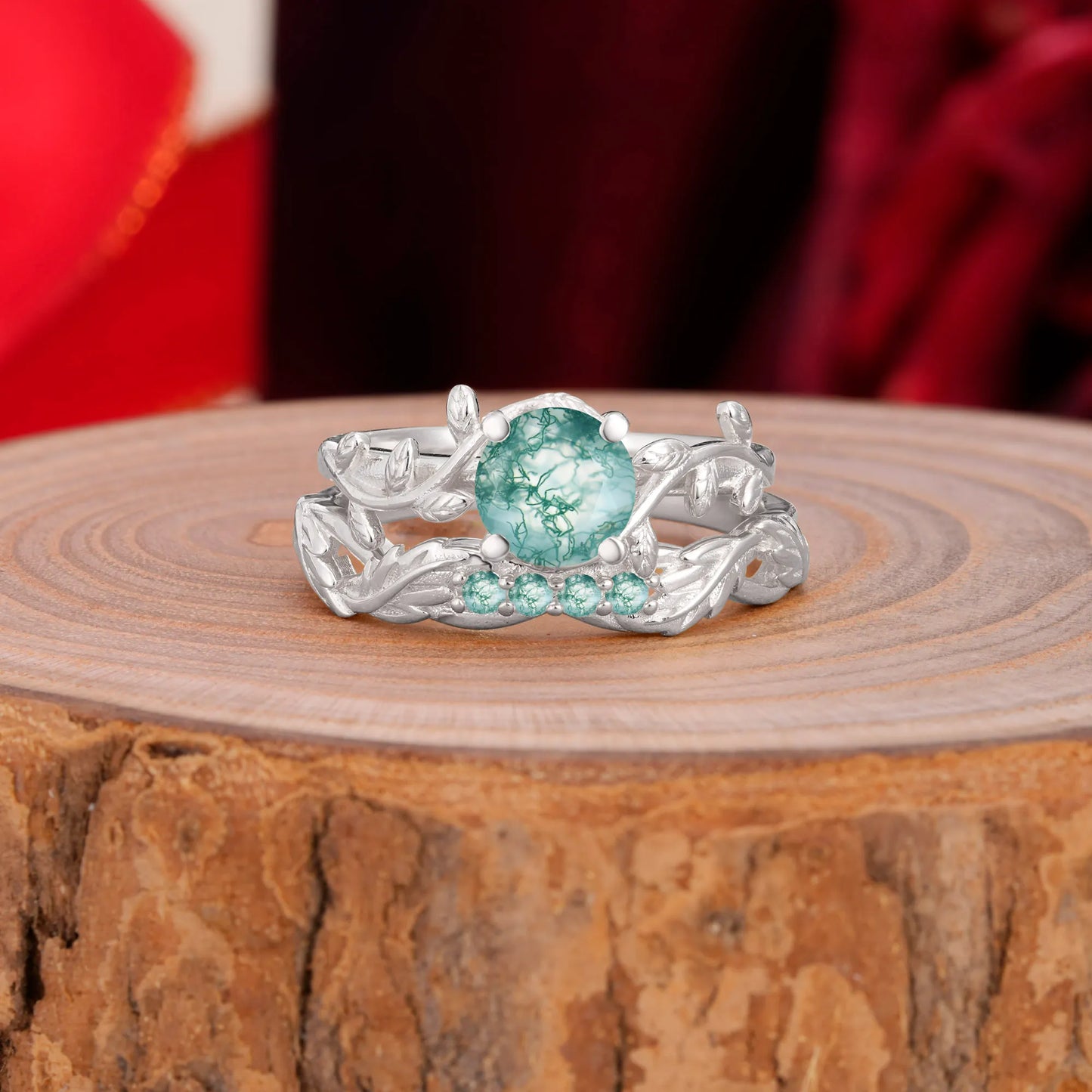Nature-Inspired Leaf & Floral Round Cut Moss Agate Couple Rings Set