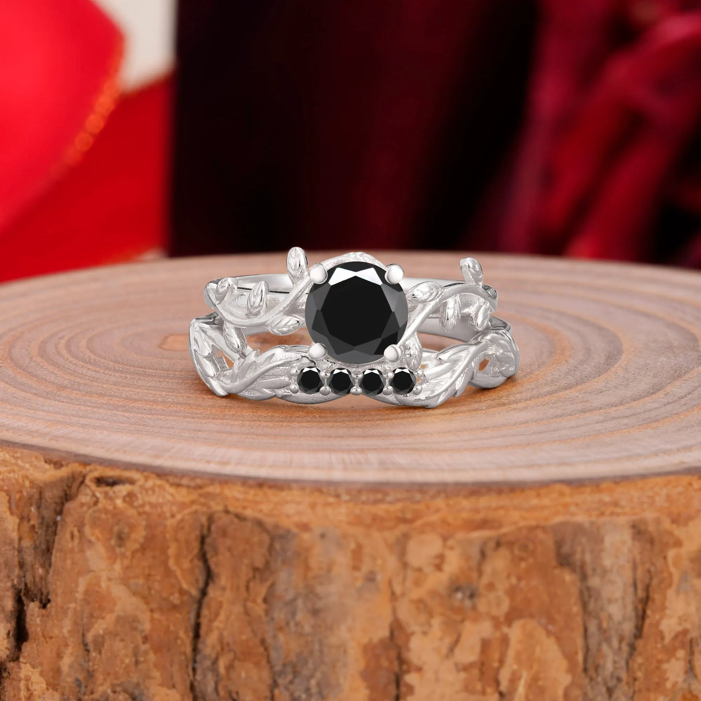 Nature-Inspired Leaf & Floral Round Cut Black Onyx Couple Rings Set