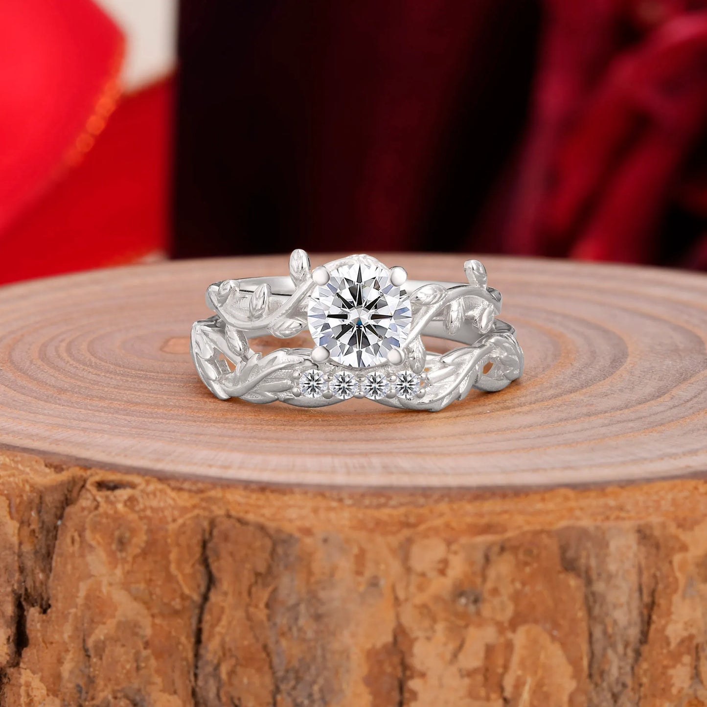 Nature-Inspired Leaf & Floral Round Cut Lab Diamond Couple Rings Set