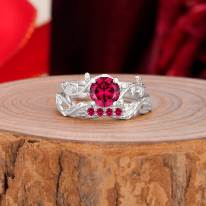 Nature-Inspired Leaf & Floral Round Cut Ruby Couple Rings Set