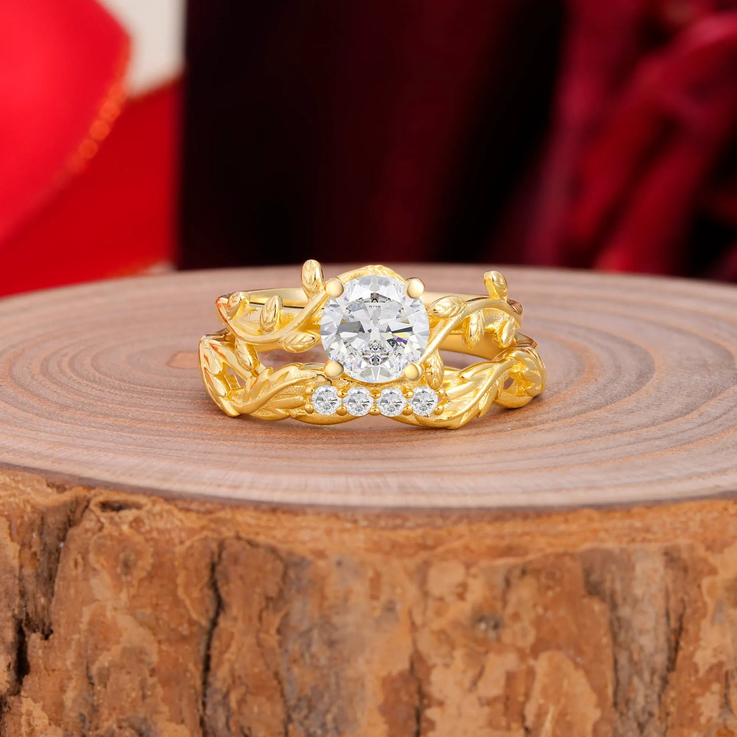 Nature-Inspired Leaf & Floral Round Cut Moissanite Couple Rings Set