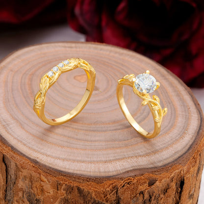 Nature-Inspired Leaf & Floral Round Cut Moissanite Couple Rings Set
