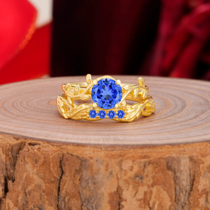 Nature-Inspired Leaf & Floral Round Cut Sapphire Couple Rings Set